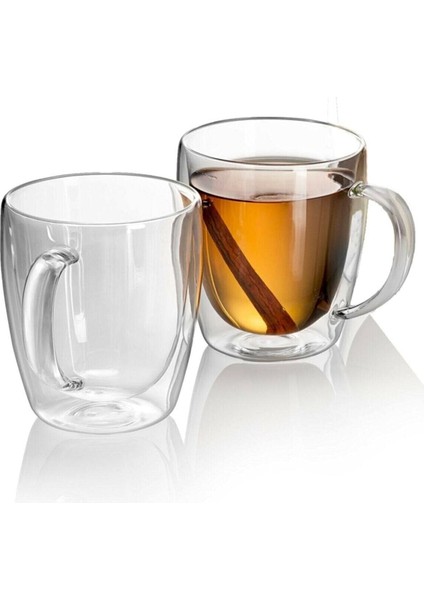 Adet Büyük Boy 350 ml Çift Cidarlı Cam Çay Kahve Meşrubat Kupa Çift Camlı Isı Yalıtımlı Kulplu Cam Bardak