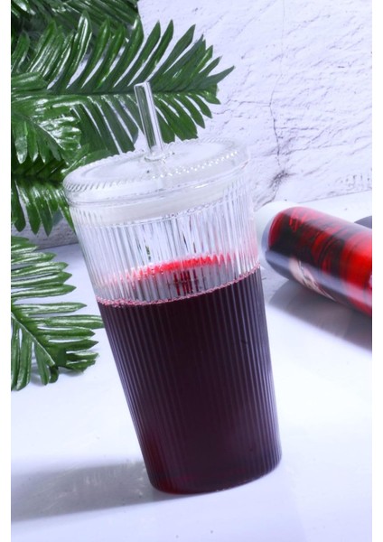 Diyarı Cam Pipetli Çizgili Kapaklı Özel Tasarım Cam Limonata ve Meşrubat Bardağı Şeffaf