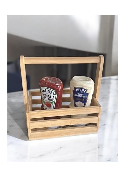Bambu Masa Üstü Taşınabilir Sosluk ve Peçetelik, Bambu Tezgah Üstü Ketçap,-Mayonez ve Hardallık, Taşınabilir Bambu Sosluk (24 * 14.5 * 22 cm )