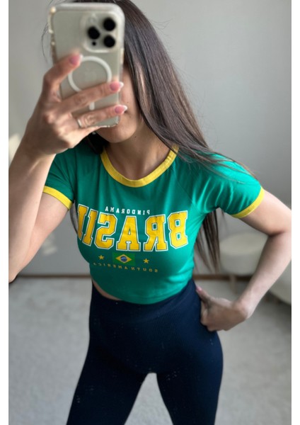 Brasil Baskılı Yeşil Sarı Crop Tshirt