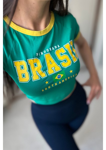Brasil Baskılı Yeşil Sarı Crop Tshirt