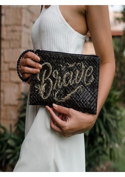 Quote Clutch: Brave In Black El Yapımı Organik Hasır Clutch