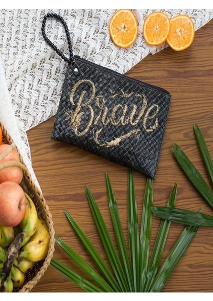 Quote Clutch: Brave In Black El Yapımı Organik Hasır Clutch