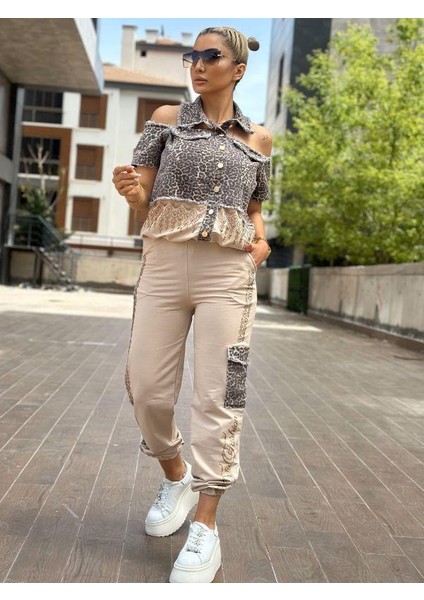8224 Leopar Jean Detaylı Eşofman Takımı Bej