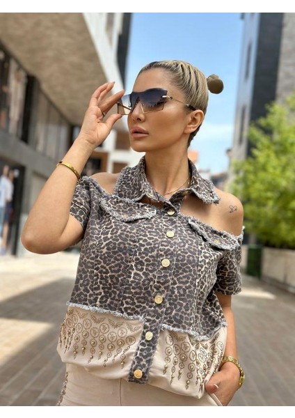 8224 Leopar Jean Detaylı Eşofman Takımı Bej