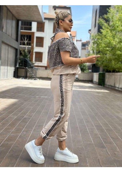 8224 Leopar Jean Detaylı Eşofman Takımı Bej