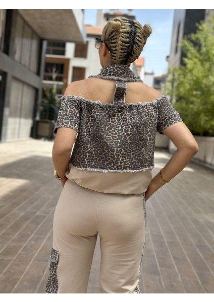 8224 Leopar Jean Detaylı Eşofman Takımı Bej