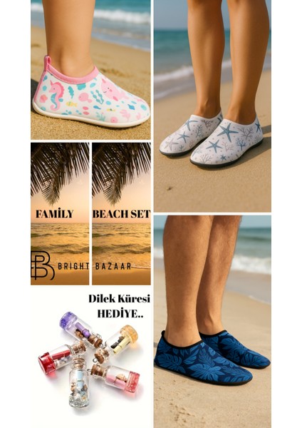 Deniz Ayakkabısı Deniz Terliği 2 Yetişkin 1 Çocuk Aile Plaj Ayakkabı Seti Dilek Küresi Hediye Özel Plaj Deniz Terliği