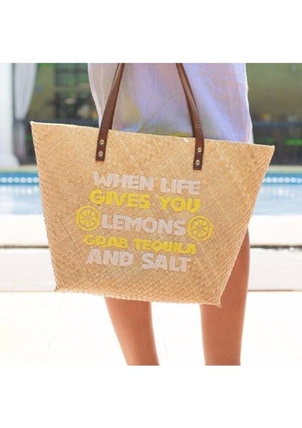 When Life Gives You Lemons Tote El Yapımı Hasır Plaj Çantası