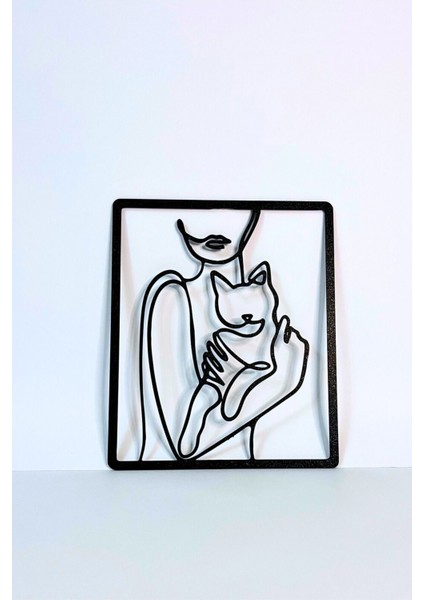 Kadın ve Kedi Silüetli Tek Çizgi Duvar Dekoru | Minimalist Modern Çerçeve Tasarım