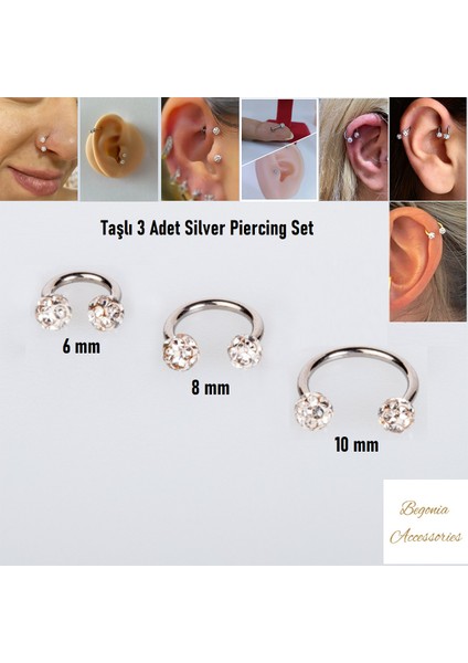 Cerrahi Çelik, 6 mm 8 mm 10 mm Çap, 3 Adet Septum Şambala Halka Piercing Küpe Set, Kaş, Dudak, Burun, Kulak Kullanımına Uygundur