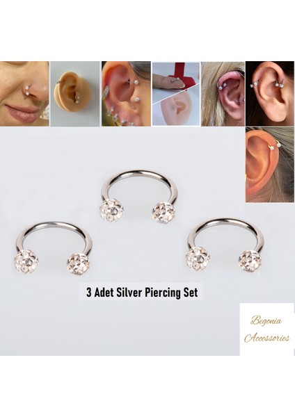 Cerrahi Çelik, 6 mm 8 mm 10 mm Çap, 3 Adet Septum Şambala Halka Piercing Küpe Set, Kaş, Dudak, Burun, Kulak Kullanımına Uygundur