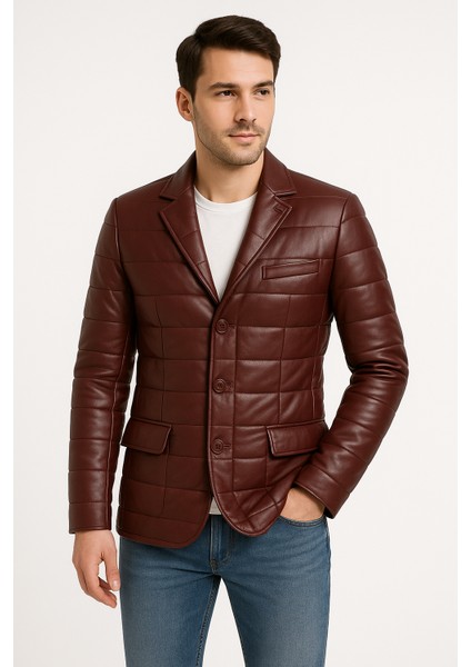 Silva Hakiki Deri Erkek Bordo Tafta Blazer Şişme Ceket