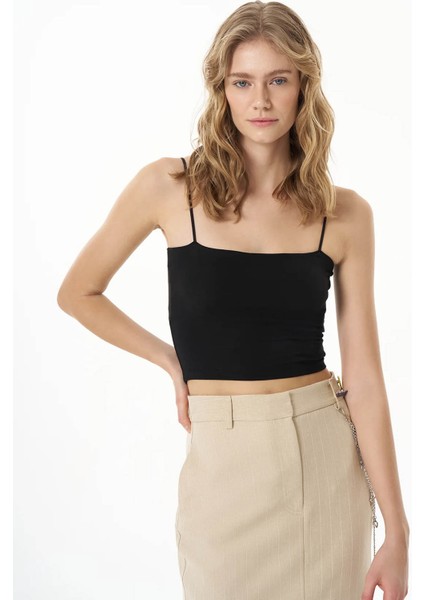 Crop Basic Siyah Kadın Kolsuz T-Shirt ATL00159