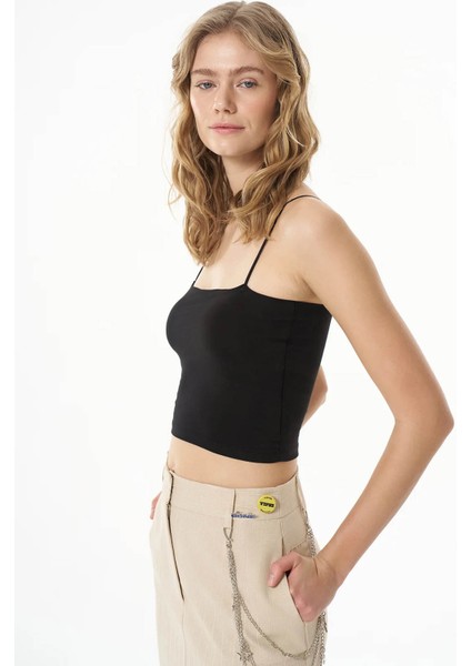 Crop Basic Siyah Kadın Kolsuz T-Shirt ATL00159