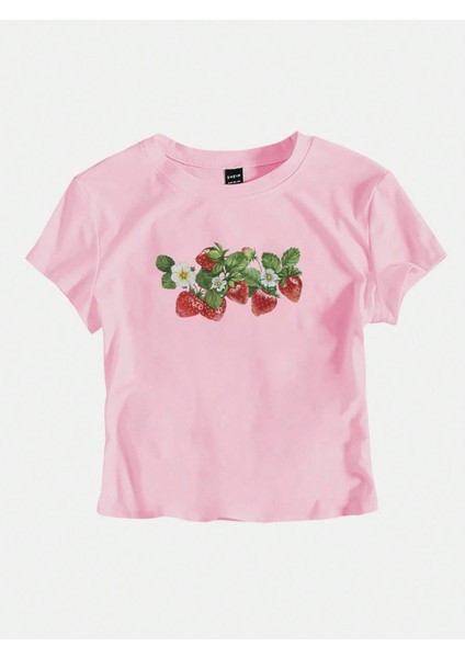 Kadın Y2K Çilekler Baskılı Bayb Tee Crop