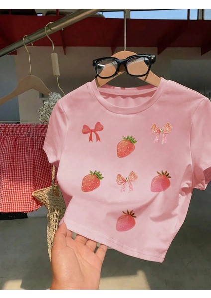 Kadın Y2K Çilek Kurdele Baskılı Bayb Tee Crop
