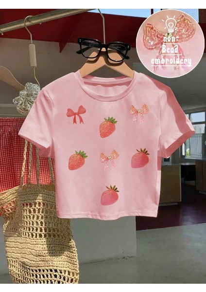 Kadın Y2K Çilek Kurdele Baskılı Bayb Tee Crop