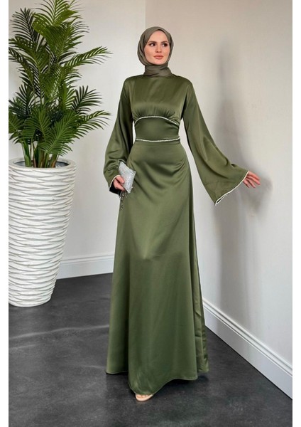 Vlasi Kolu ve Beli Baget Taşlı Saten Abiye Haki modelleri