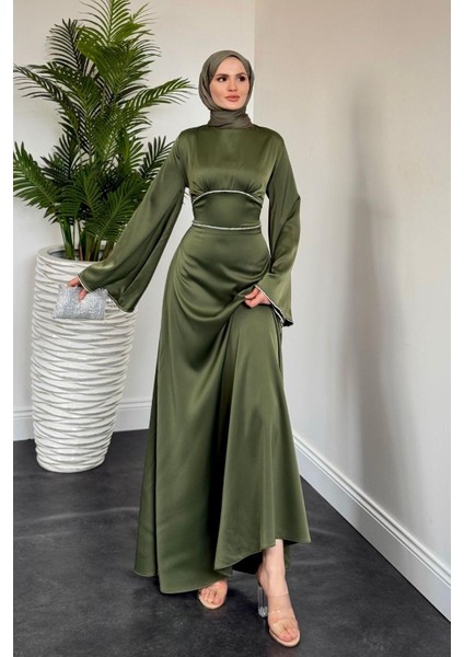 Vlasi Kolu ve Beli Baget Taşlı Saten Abiye Haki fiyatları