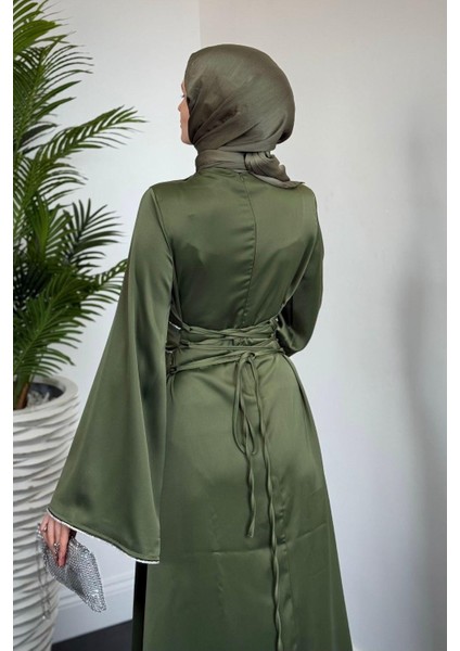 Vlasi Kolu ve Beli Baget Taşlı Saten Abiye Haki indirimleri