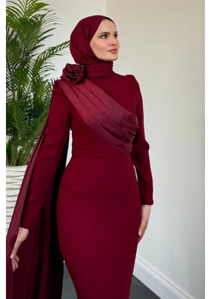 Castilya Pelerinli Omzu Gül Abiye Bordo modelleri