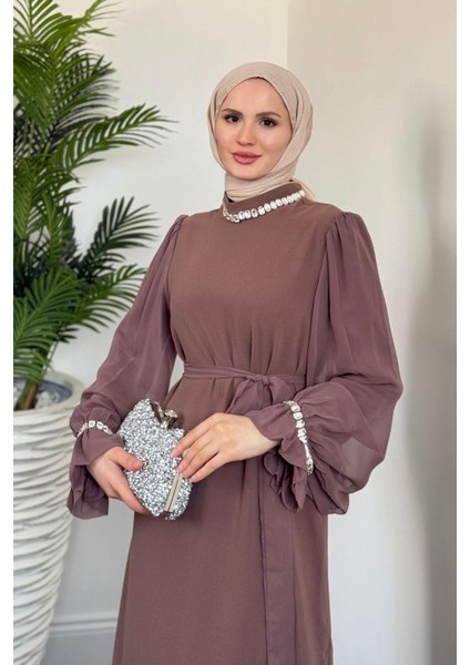 Anna Boynu ve Kolu Baget Taş Işlemeli Abiye Kahverengi fırsatları