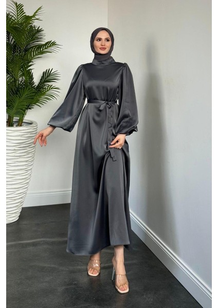 Dimitra Balon Kol Saten Elbise Füme