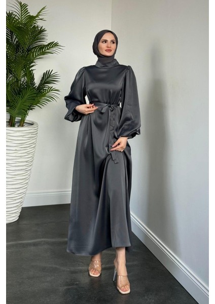 Dimitra Balon Kol Saten Elbise Füme fiyatları