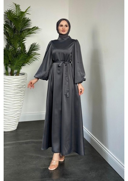 Dimitra Balon Kol Saten Elbise Füme modelleri