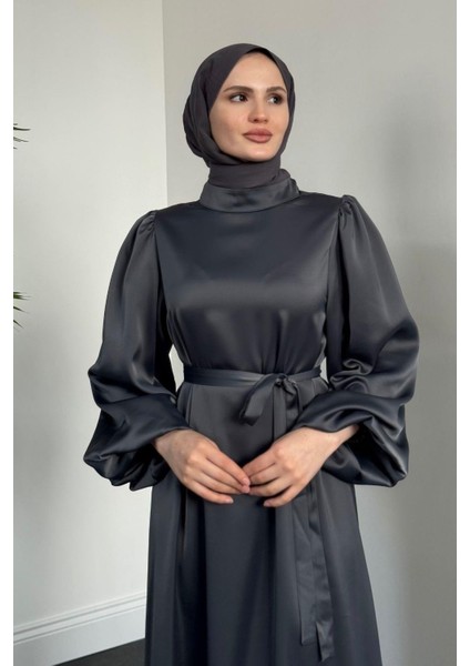 Dimitra Balon Kol Saten Elbise Füme fırsatları