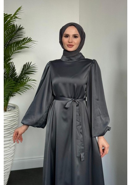 Dimitra Balon Kol Saten Elbise Füme indirimleri