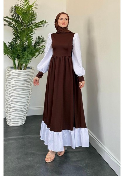 Aria Eteği Fırfırlı Elbise Kahverengi