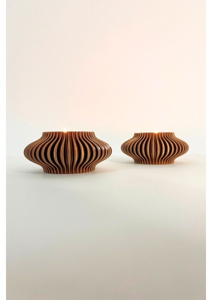 Bronz Renk Çizgili Tealight Mumluk Seti | Retro Modern Tasarım (2'li Set)