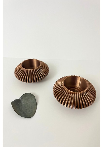 Bronz Renk Çizgili Tealight Mumluk Seti | Retro Modern Tasarım (2'li Set)