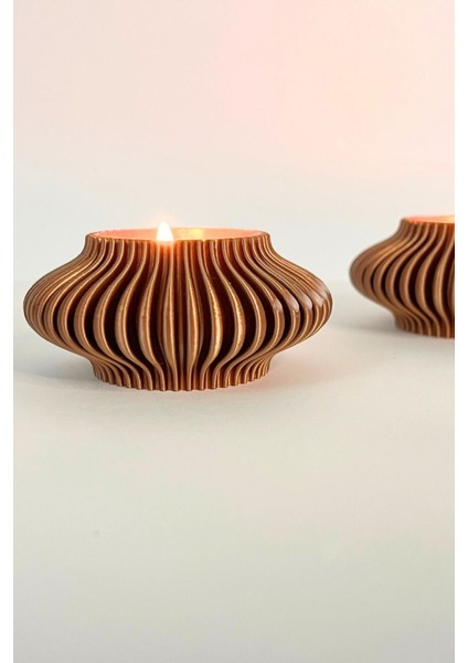 Bronz Renk Çizgili Tealight Mumluk Seti | Retro Modern Tasarım (2'li Set)