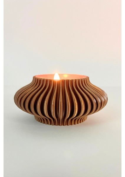 Bronz Renk Çizgili Tealight Mumluk Seti | Retro Modern Tasarım (2'li Set)