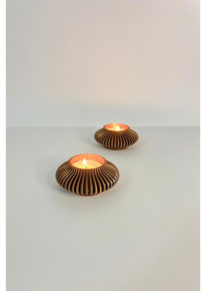Bronz Renk Çizgili Tealight Mumluk Seti | Retro Modern Tasarım (2'li Set)