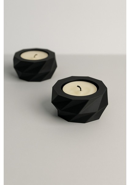Siyah Geometrik Tealight Mumluk Seti | Modern ve Minimal Tasarım (2'li Set)