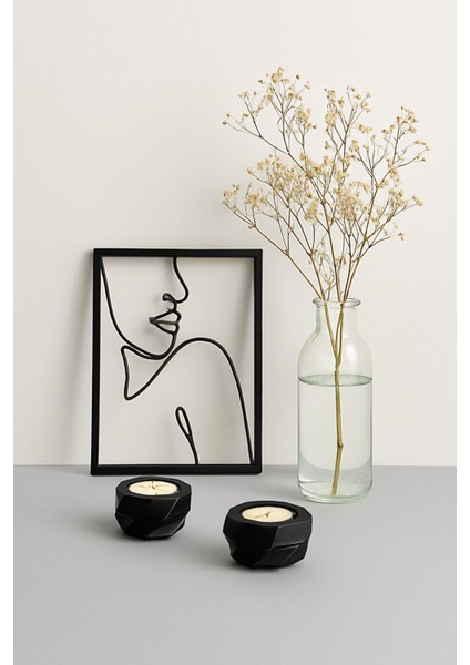 Siyah Geometrik Tealight Mumluk Seti | Modern ve Minimal Tasarım (2'li Set)