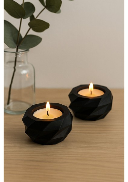 Siyah Geometrik Tealight Mumluk Seti | Modern ve Minimal Tasarım (2'li Set)