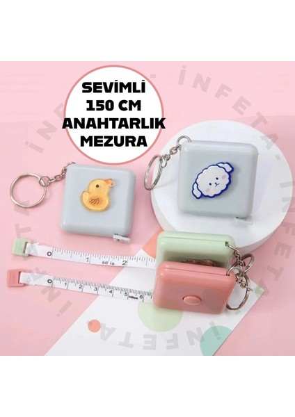 150 cm Sevimli Stickerlı Pratik Çanta Boy Anahtarlıklı Kare Mezura