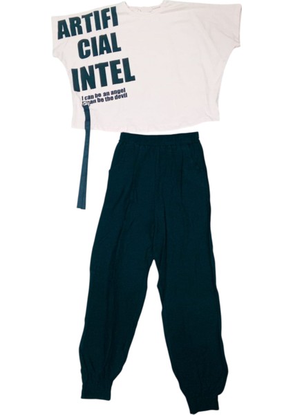 Kız Çocuk Intel Yazılı Ip Detaylı Pantolonlu Pudra Takım
