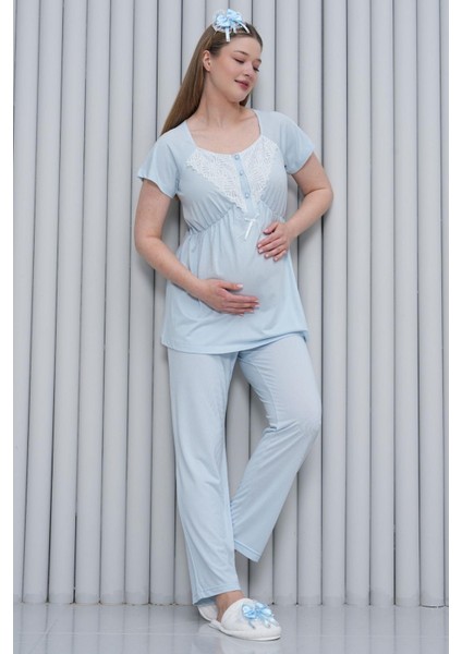 Mecit 6203 Mavi Sabahlıklı Lohusa Pijama Takımı