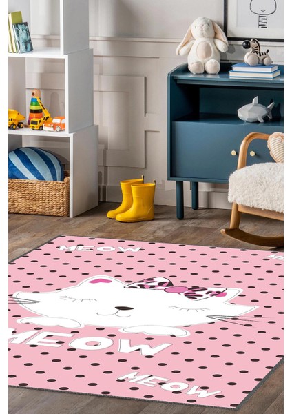 Pembe Kedi Desenli Kaymaz Tabanlı Makinede Yıkanabilir Çocuk Halısı