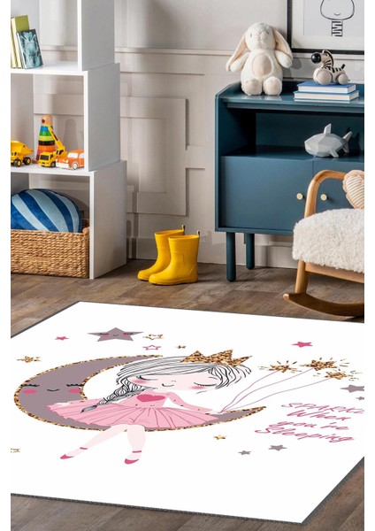 Beyaz Gri Yıldız Çocuk Baskılı Kaymaz Tabanlı Makinede Yıkanabilir Çocuk Halısı