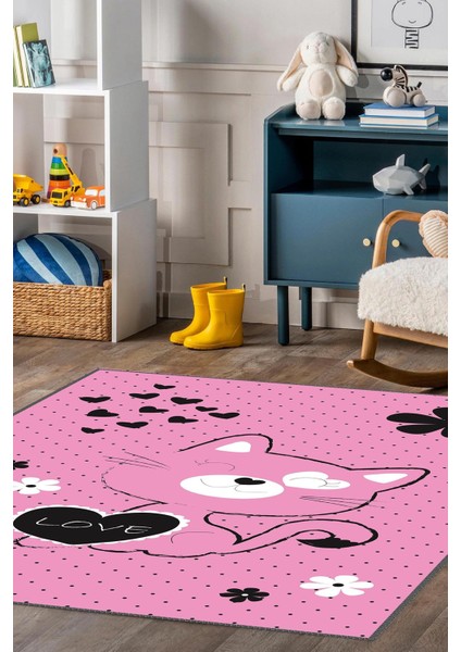 Pembe Kedi Baskılı Kaymaz Tabanlı Makinede Yıkanabilir Çocuk Halısı