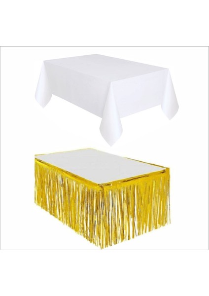 Beyaz Masa Örtüsü ve Gold Masa Eteği