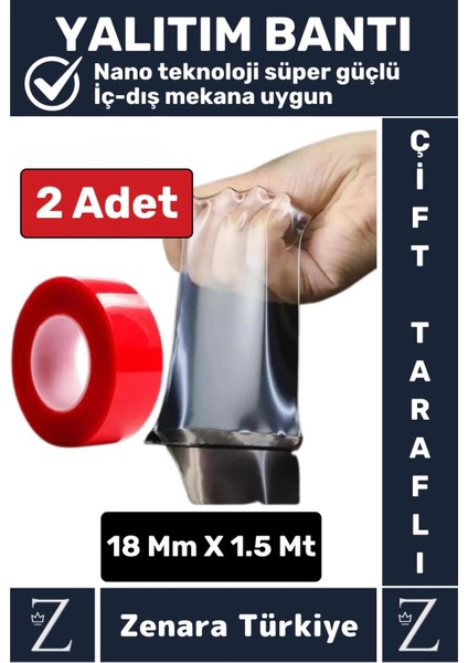 Premium Nano Teknoloji Güçlü Tamir Cam Iç Dış Mekan Montaj Çift Taraflı Şeffaf Bant 1.5 mt x 2 Adet