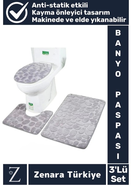 Premium Aşınmaz Emici Kaymaz Makinede Yıkanabilir Anti Statik 3'lü Banyo Tuvalet Paspas Seti